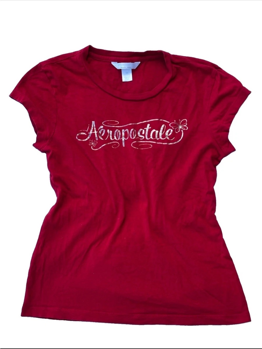 Aeropostale Y2K Red Fitted Baby Tee Silver Graphic Spell out Cap Sleeve SZ.M